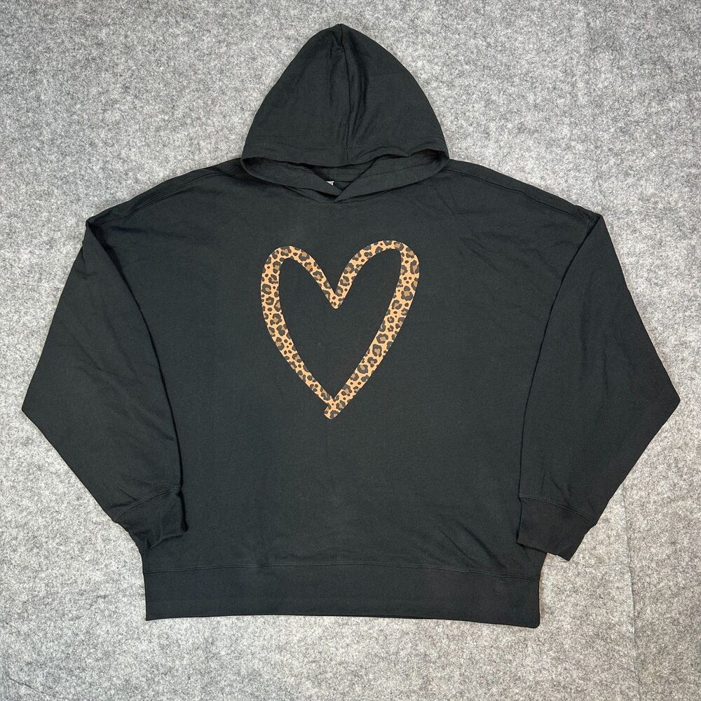 Instant Message Womens 2XL Black Hoodie Leopard Print Heart Fleece Sweatshirt